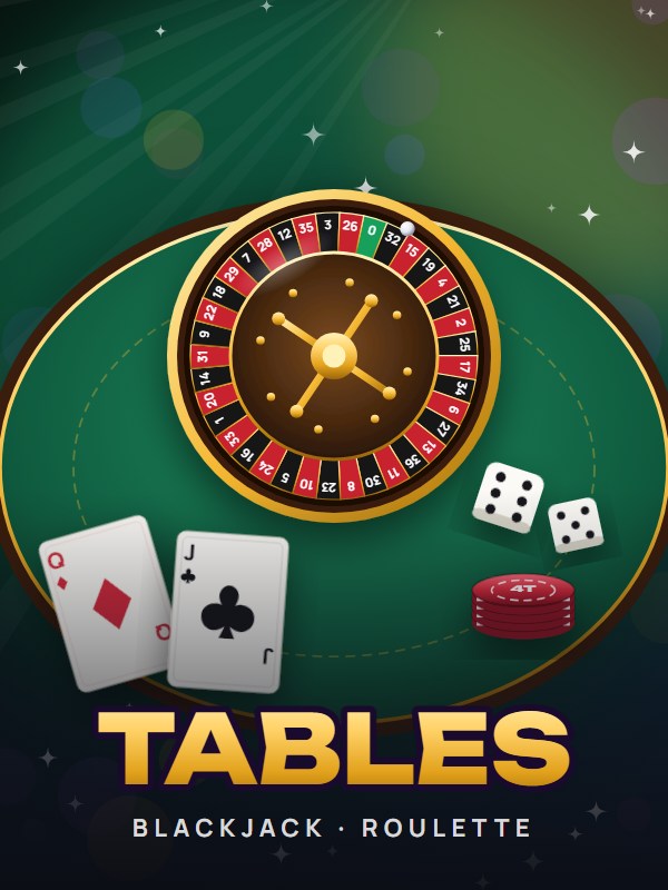 Green felt casino table with a roulette wheel, playing cards and dice