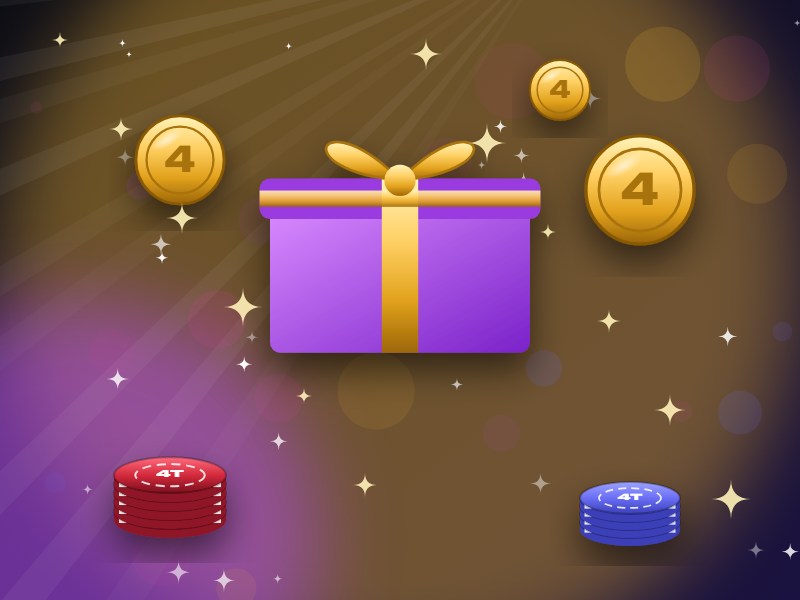 Purple welcome bonus gift box with a gold ribbon, chips and coins